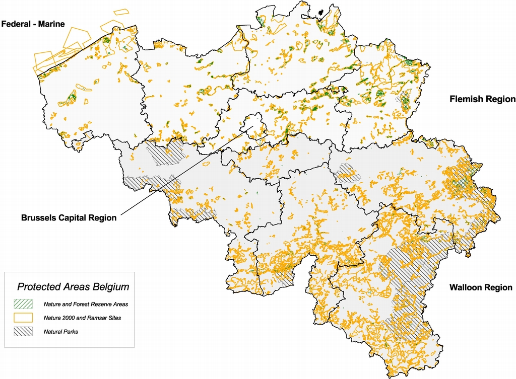 Map of protected areas in Belgium (March 2007)