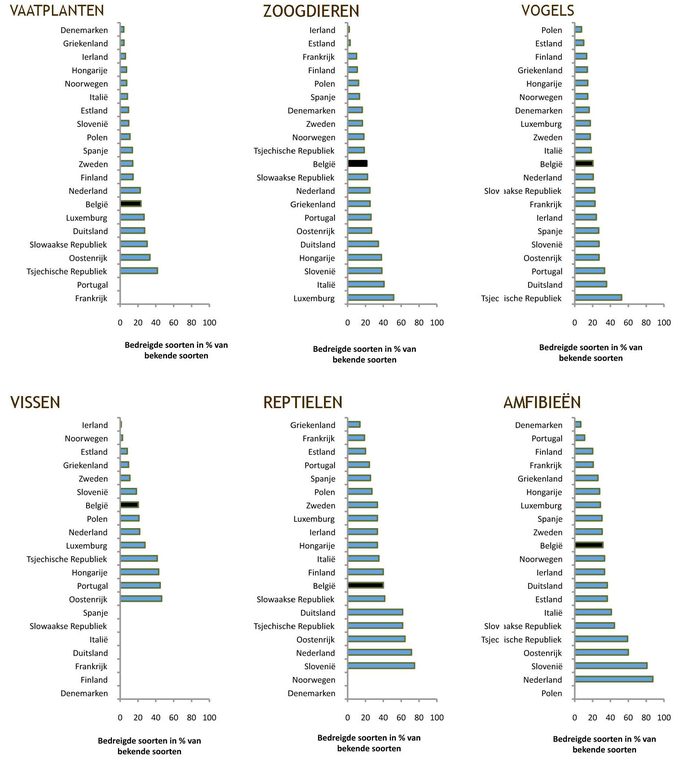 1Afbeelding 3. Percentages van bedreigde soorten in België en andere Europese landen bij vaatplanten, zoogdieren, vogels, vissen, reptielen en amfibieën. 
